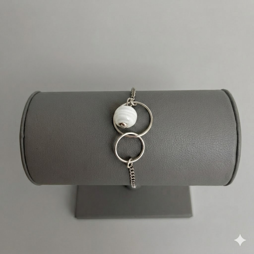 Bracelet Argent 925 et Perle de Murano Cristalline - Blanc Opaque et Transparent