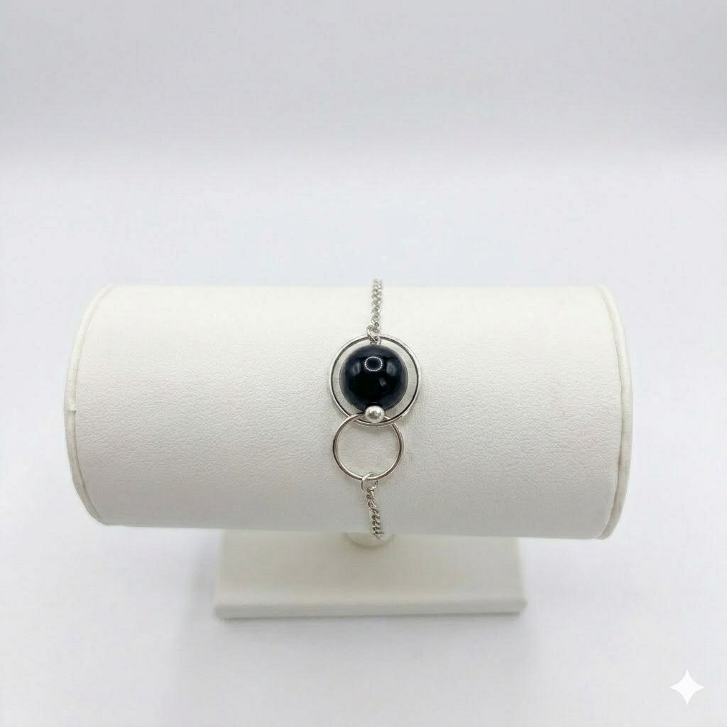 Bracelet Argent 925 Anneaux Entrelacés et Perle de Murano Noir – Élégance