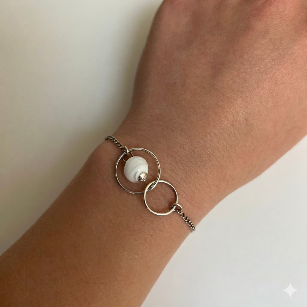 Bracelet Argent 925 et Perle de Murano Cristalline - Blanc Opaque et Transparent – Image 2