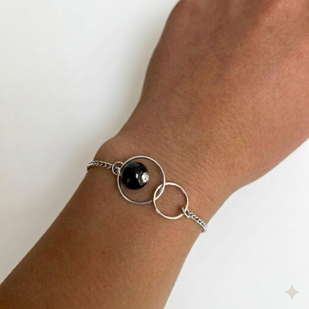 Bracelet Argent 925 Anneaux Entrelacés et Perle de Murano Noir – Élégance – Image 2