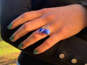 Pushi bague argent deux perles de verre bleue Murano