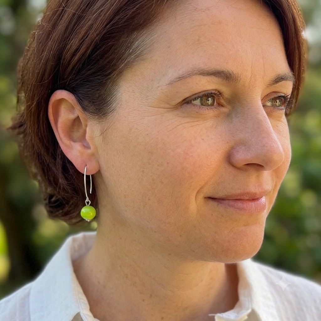 Boucles d'Oreilles Crochet en Argent 925 et Perles de Murano - Vert Anis Bea