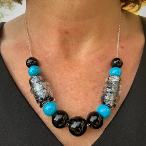 Pushi collier excellence verre murano turquoise et noir narbonne