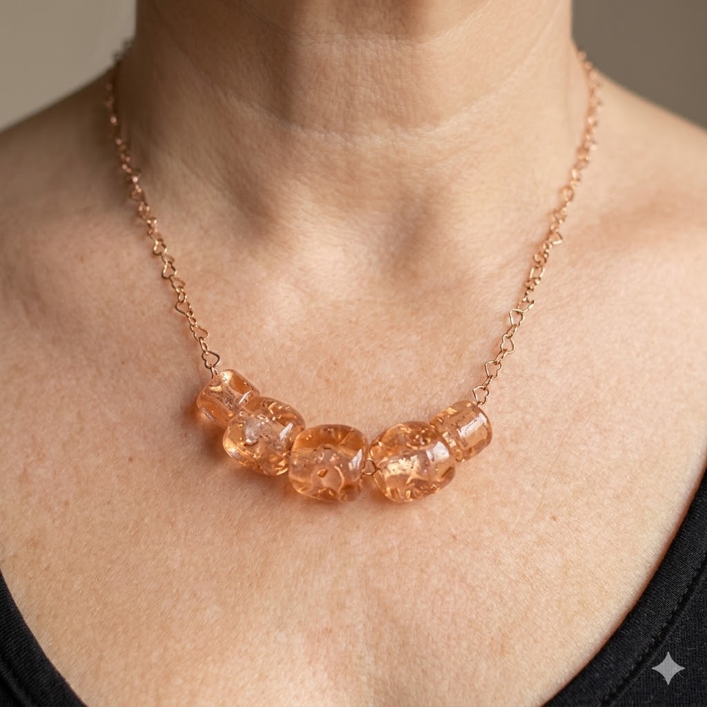 Collier 5 perles en verre rose coloris beige rosé avec chaîne cœurs en plaqué or rosé