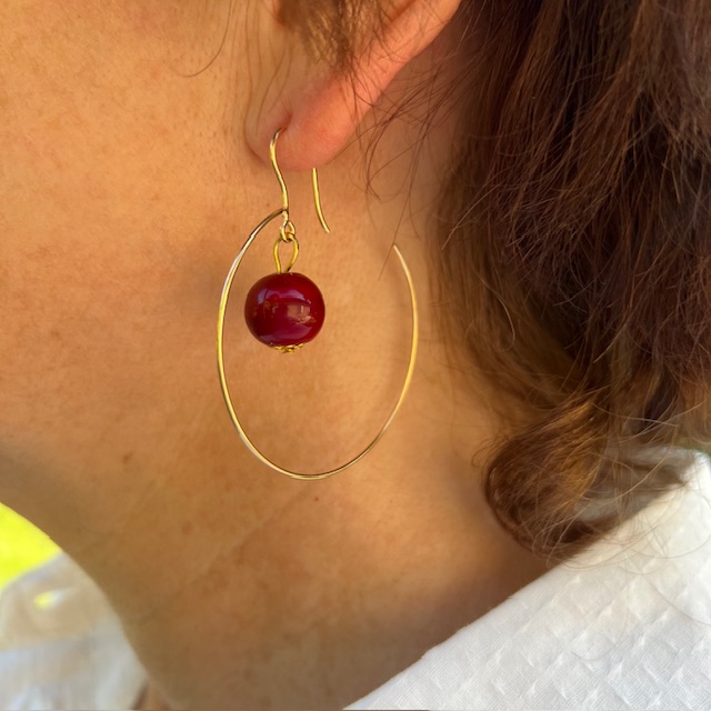 Créole plaqué or perle en verre Murano rouge bordeaux cadeau maman