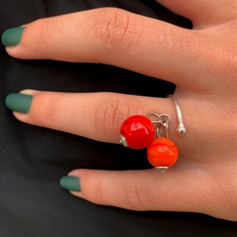 bague argent deux perles de verre orange et rouge