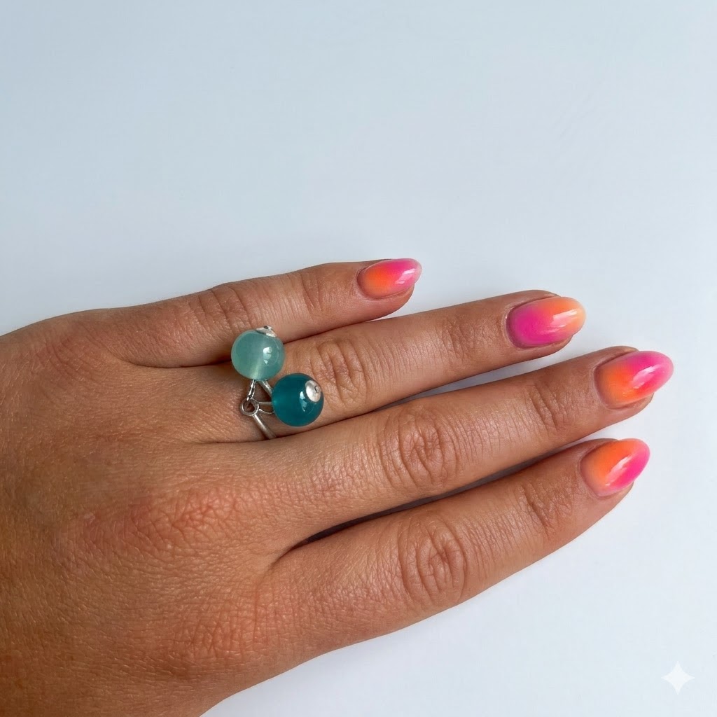 Bague "Clic-Clic" réglable en Argent 925 - Duo de Perles de Murano Vertes – Image 2