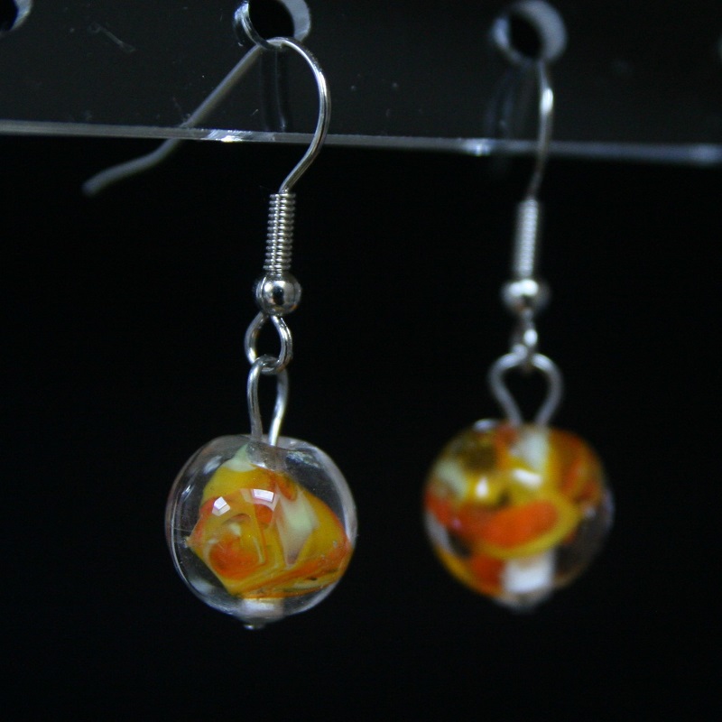 boucle oreille en verre de murano coloris orange jaune et transparent