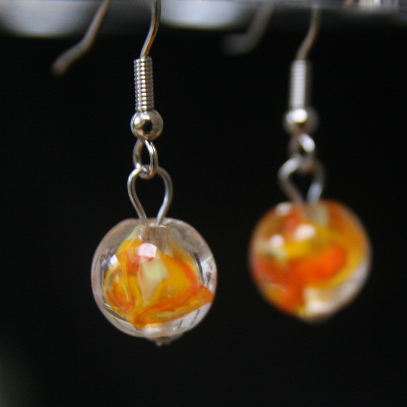 boucle oreille verre de murano coloris orange jaune et transparent