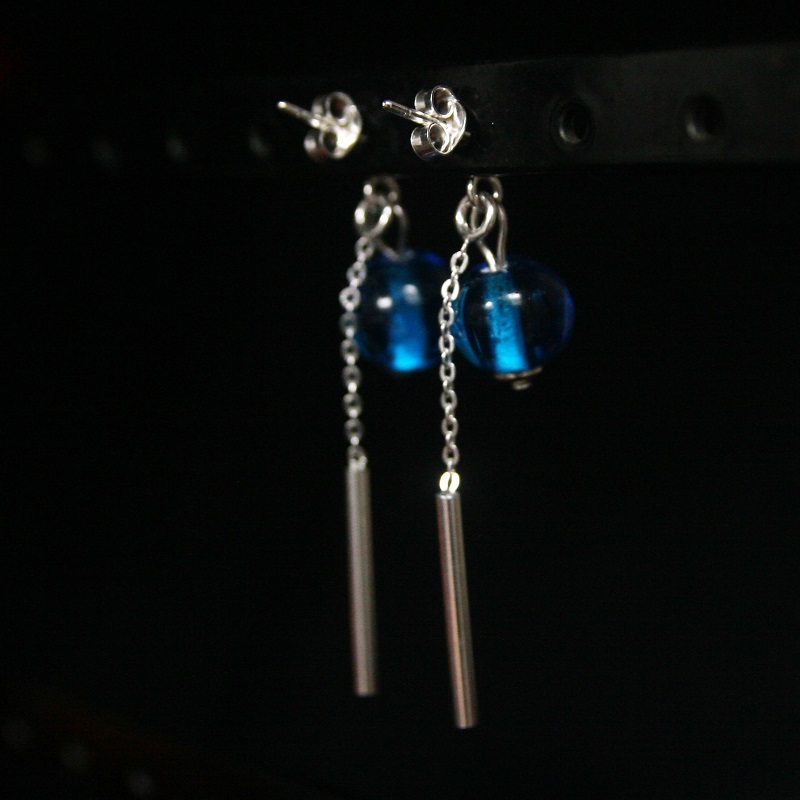 Boucles d'oreilles chaine en argent 925 avec perles de verre de Murano Barbara turquoise transparent – Image 2