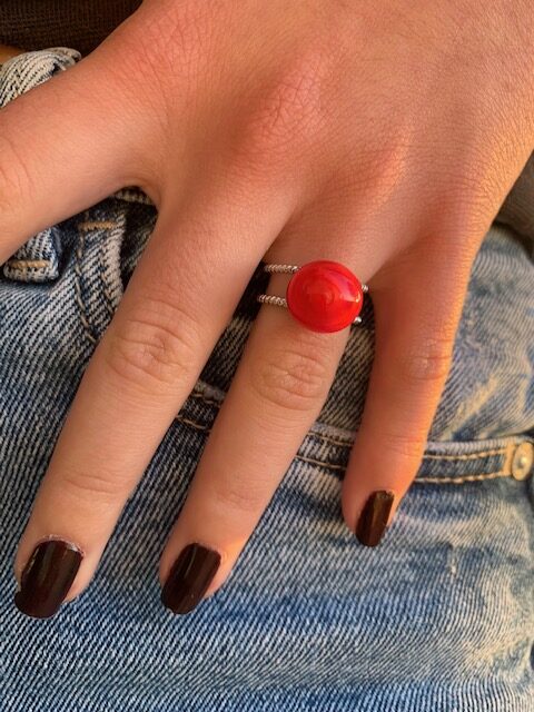 cadeau bague en argent reglable rouge en verre de murano