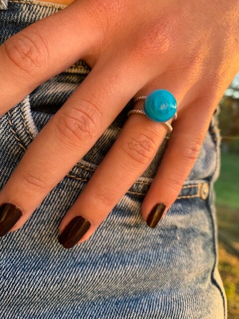 cadeau bague en argent reglable turquoise en verre de murano