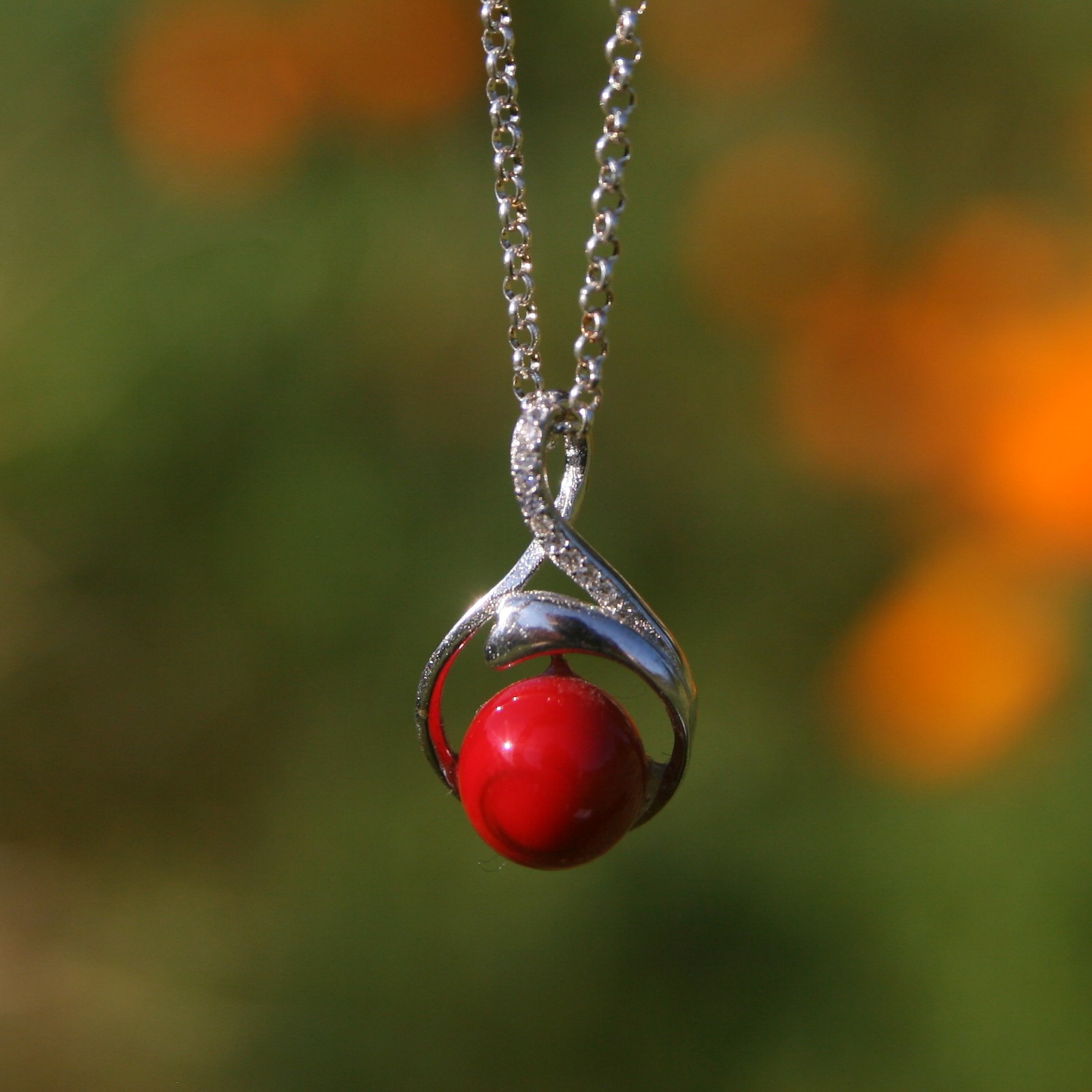 collier argent perle de verre rouge